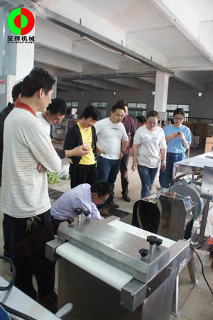 客戶親臨我司測(cè)試木瓜削皮、瓜果切丁及蔬果分瓣等加工處理設(shè)備！